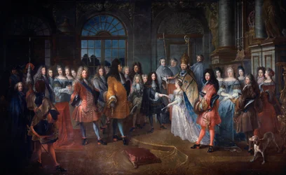 Matrimonio de Luis de Francia Duque de Borgoña y María Adelaida de Saboya el 7/12/1697 La ceremonia tiene lugar en presencia del rey Luis XIV (1638-1715) en el centro. Los jóvenes esposos son bendecidos por el cardenal de Coislin