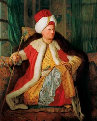 Retrato de Charles Gravier de Vergennes (1719-1787) diplomático con atuendo turco (Retrato de Charles Gravier Conde de Vergennes y embajador francés, con atuendo turco) - Pintura de Antoine de Favray (1706-1791), óleo sobre lienzo