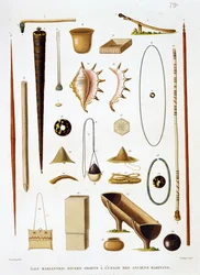 Utensilios domésticos y armas de las Islas Marianas, de Voyage autour du Monde (1817-20), por Louis Claude Desaulses de Freycinet (1779-1842) grabado por Jean Louis Denis Coutant (1776-1831), p