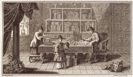 Una Tienda de Caligrafía China, de un relato de la Embajada Holandesa en China, grabado por A. Maisonneuve, c.1670s
