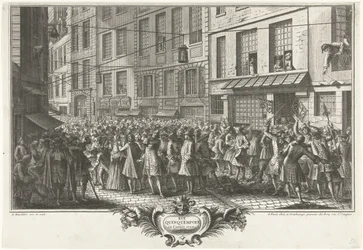 Desde la calle Quinquempoix, 1720 Rue Quinquempoix en el año 1720 (título sobre objeto) Het Groote Tafereel der Dwaasheid (título de la serie)