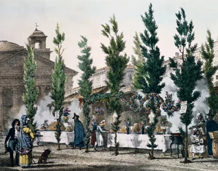 Freidores de comida en el Panteón durante la fiesta de San José, grabado de Antoine Jean-Baptiste Thomas (1791-1834) de Un año en Roma y sus alrededores, Francia