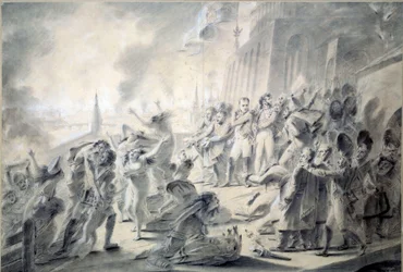 Incendio de Moscú 15/09/1812 El gobernador de la ciudad, Conde Rostopchina, quemó la ciudad cuando llegó Napoleón I. Dibujo en tinta marrón, lavado, pluma, lápiz y gouache de Antoine Jean Gros (1771-1835) 1812 París, museo del Louvre