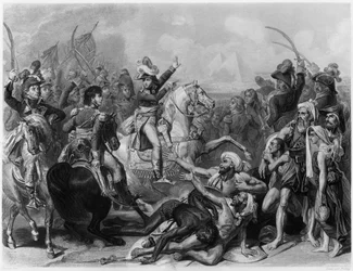 Napoleón Bonaparte en la Batalla de las Pirámides, grabado por Jean Jacques Frilley (n.1797)