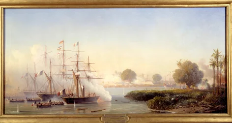 Episodio de la expedición de Cochinchine: "Captura de la ciudadela de Saigón por el vicealmirante Rigault de Genouilly al mando de la fuerza expedicionaria franco-española 17/02/1859" Pintura de Antoine Leon Morel Fatio (1810-1871) 1859 Sol. 0,83x1,82 m