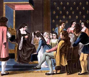 Institución de la Orden de las Monjas Franciscanas por Ana de Bretaña, grabado por Jean Baptiste Morret