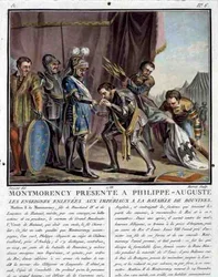 Montmorency presentado a Felipe Augusto (1165-1223) después de la Batalla de Bouvines, grabado por Jean Baptiste Morret (fl. 1790-1820)