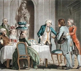 El Conde de Vaux (1705-88) ofrece comida y bebida a un campesino, grabado por Jean Baptiste Morret