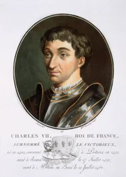 Carlos VII, de Retratos de grandes hombres, mujeres ilustres y sujetos memorables de Francia, grabado e impreso en colores, publicado por Pierre Blin, 1786-92, París