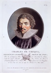 Charles de Créqui, de Portraits des grands hommes, femmes illustres, et sujets mémorables de France, grabado e impreso en colores, publicado por Pierre Blin, 1786-92, París