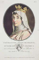 Fredegonde, Reina de los Francos, de Portraits des Grands Hommes, femmes illustres, et sujets memorables de France, grave et imprimes en couleurs, publicado por Pierre Blin