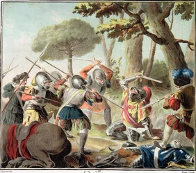 Gastón de Foix (1488-1512) muerto en la Batalla de Rávena, grabado por Roger, 1788
