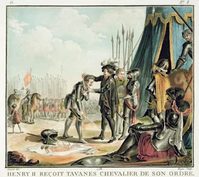 Enrique II (1519-59) recibe a Jean de Tavanes como caballero en su orden, grabado por Roger, 1788