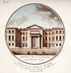 Hospicio de Saint Jacques Du Haut Pas construido según los dibujos de Vieilb, ahora Hospital Cochin, París. En vistas pintorescas de los principales edificios de París por Sergeant
