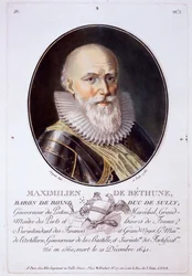 Maximilien de Béthune, Baron de Rosny y Duc de Sully, de Portraits des grands hommes, femmes illustres, et sujets mémorables de France, grabado e impreso en colores, publicado por Pierre Blin, 1786-92, París