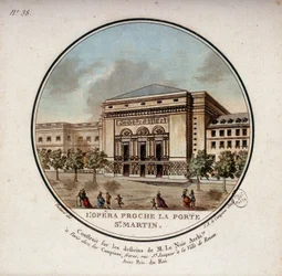 La ópera construida según los dibujos del arquitecto Le Noir cerca de la Porte Saint Martin en París, hoy el teatro de la Porte Saint Martin. En vistas pintorescas de los principales edificios de París por Sergeant