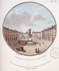 Vista de la Place des Victoires, París. En vistas pintorescas de los principales edificios de París por Sergeant