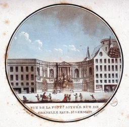 Vista de la fuente ubicada en la rue de Grenelle Faubourg Saint Germain, actual fuente de Grenelle. En vistas pintorescas de los principales edificios de París por Sergeant