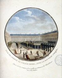 Vista del jardín del Palais Royal - en "Vistas pintorescas de los principales edificios de París" por Sergeant