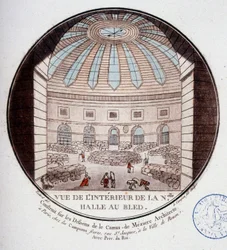 Vista del interior del nuevo mercado construido por Le Camus de Mézières entre 1763 y 1766, hoy la bolsa de valores en París. En vistas pintorescas de los principales edificios de París por Sergeant