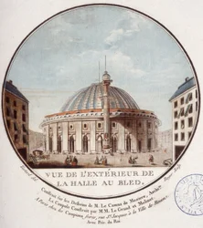 Vista del exterior del mercado de trigo, París construido por Le Camus de Mézières entre 1763 y 1766, hoy la bolsa de valores en París. En vistas pintorescas de los principales edificios de París por Sergeant