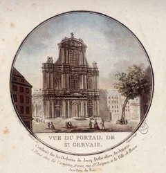 Vista del portal de Saint Gervais, construido según los dibujos del arquitecto Jacques Desbrosses, París. En vistas pintorescas de los principales edificios de París por Sergeant