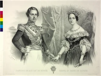 La Reina de España y su esposo Francisco Isabel II (litografía)