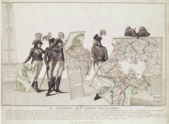 El triunfo de los ejércitos franceses, Napoleón y sus generales sosteniendo mapas de sus victorias en el momento de la Paz de Loeben, 18 de abril de 1797, c.1797