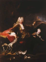 Retrato del Marqués Paolo Corbelli, de cuerpo entero, sentado en un banco al borde de un bosque, 1709