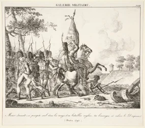 Menier (Hussar) se lanza solo a la línea de un batallón inglés, mata al alférez y captura la bandera (Druten, 1795)