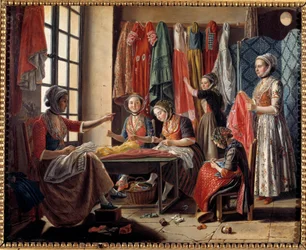 Un taller de costura en Arlés en 1760. Pintura de Antoine Raspal (1738-1811), 1760. Arlés, Museo Réattu.