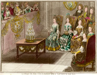 Sesión de música en el quinto dormitorio de los apartamentos familiares de Luis XIV durante las veladas de apartamento en Versalles alrededor de 1694. Grabado por Antoine Trouvain