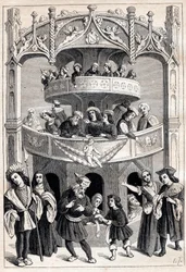 Frontispicio de “Le Grant Therence en Francois” por Antoine Verard (activo 1485-1512) - representación teatral en el siglo XVI