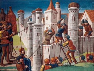 Asedio de una ciudad, miniatura del manuscrito "La novela de Ogier el Danés"