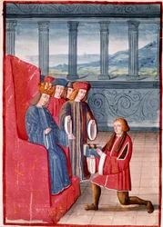 El autor presenta su libro al rey de Francia Carlos VIII (1470-1498). Miniatura de las «Crónicas de Francia», ilustradas por Antoine Vérard (1450-1519). Biblioteca Nazionale, Turín