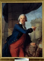 Retrato de Jean Henri Masers, Caballero de Latude (1725-1805) señalando la destrucción de la fortaleza de la Bastilla donde fue encarcelado por un intento de ataque a Madame de Pompadour (Marquesa de Pompadour). Pintura de Antoine Vestier (1740-1824)