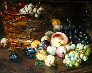 Naturaleza muerta de una cesta con frutas en una mesa