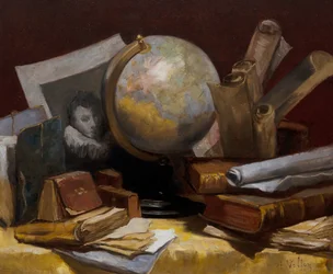 Naturaleza muerta con un mapa del mundo, libros y pergaminos