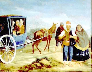 Nobles en un Kaless maltés con las armas del Maestro de Rohan, pasando por campesinos malteses al borde del camino