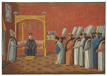 La presentación del Conde de Vergennes, embajador de Luis XV, al Sultán Uthman III en la Sala del Trono del Palacio de Topkapi el 3 de junio de 1755