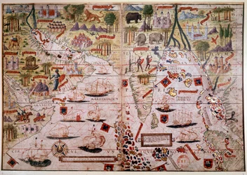 Atlas náutico de las Indias Portuguesas. Página del Atlas Miller manuscrito realizado en 1519 por Pierre y Georges Reinel, Lopo Homem (cartógrafos) y Antoine de Hollande (miniaturista). Siglo XVI. París, B N.