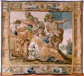 Tapiz flamenco. Serie Historia de Teseo. Baco toma a Ariadna como esposa (Baco toma a Ariadna por esposa). Noveno tapiz de la serie. Modelo Anthonis Sallaert. Manufactura Jan Raes el Joven, Bruselas. Ca. 1630. ; Tela Seda y lana. Tamaño 392x45