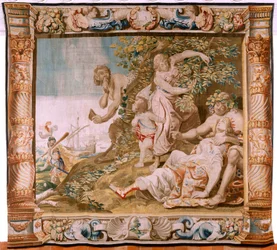 Tapiz flamenco. Serie Historia de Teseo. Teseo abandona a Ariadna en la isla de Naxos (Teseo abandona a Ariadna en la Isla de Naxos). Octavo tapiz de la serie. Modelo Anthonis Sallaert. Manufactura Jan Raes el Joven, Bruselas. Ca 1630. Tela S