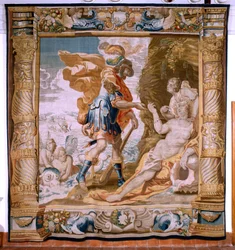 Tapiz flamenco. Serie Historia de Teseo. Teseo recibe el anillo de Minos de Anfítrite (Teseo recibe de Anfítrite la sortija de Minos). Quinto tapiz de la serie. Modelo Anthonis Sallaert. Manufactura Jan Raes el Joven, Bruselas. Ca 1630. Tela Seda