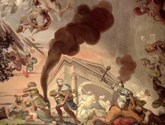 El triunfo de la paz sobre la guerra, detalle de soldados saqueando un templo, del techo del salón principal