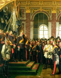 La proclamación de Guillermo como Kaiser del nuevo Imperio Alemán, en el Salón de los Espejos de Versalles el 18 de enero de 1871, pintado en 1885