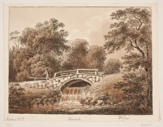 Paisaje forestal con puente sobre arroyo
