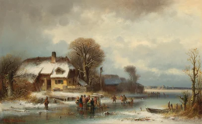 Paisaje invernal con patinadores sobre hielo