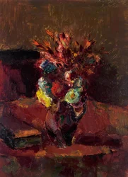Ramo de flores con mantel rojo