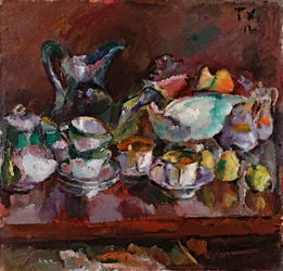 Naturaleza muerta con tazas de café - Pintura de Anton Faistauer (1887-1930)